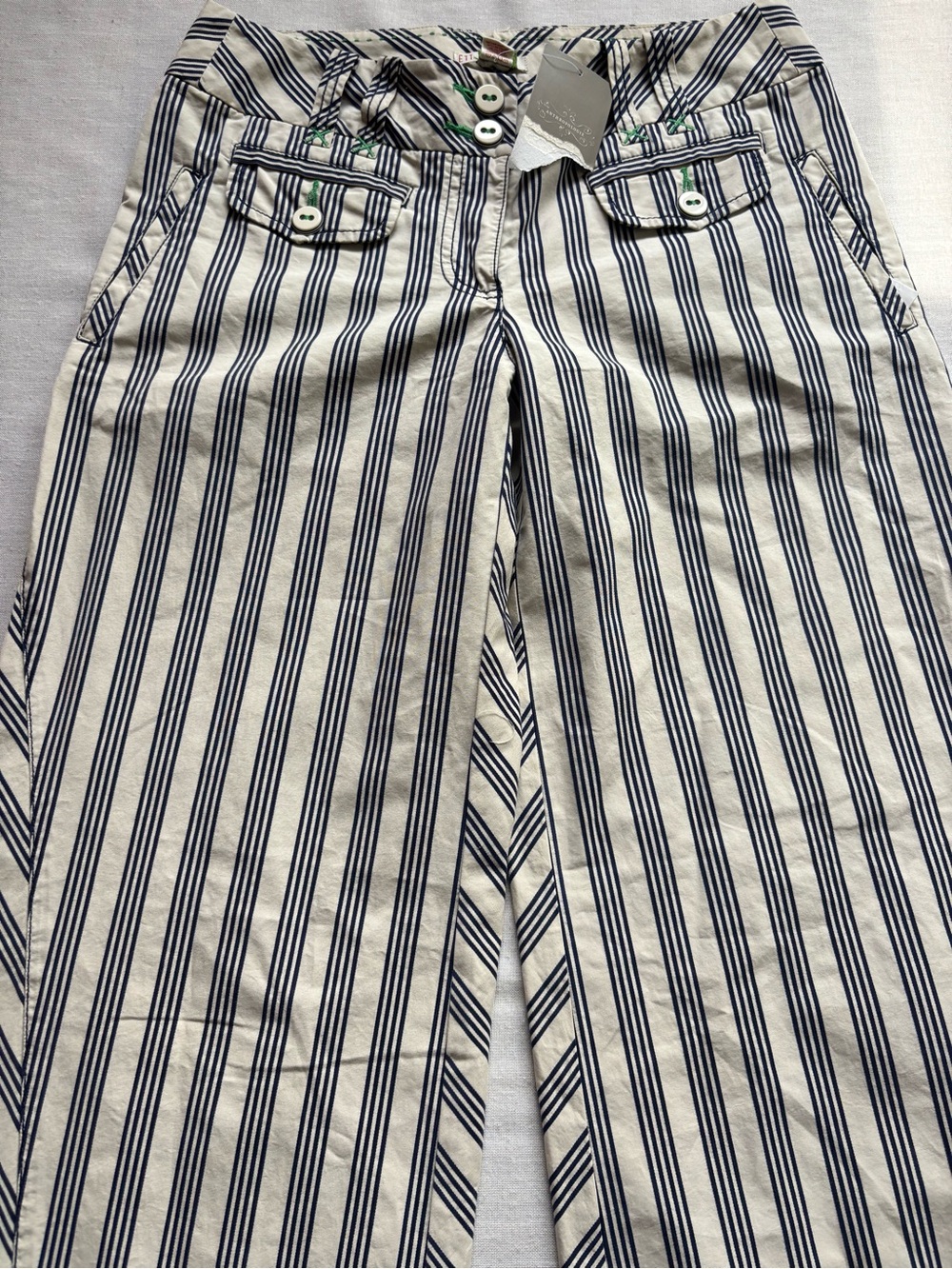 NWT Anthropologie Striped Wide Leg Full Length Pants Beige Navy Size 4 - Picture 4 of 10